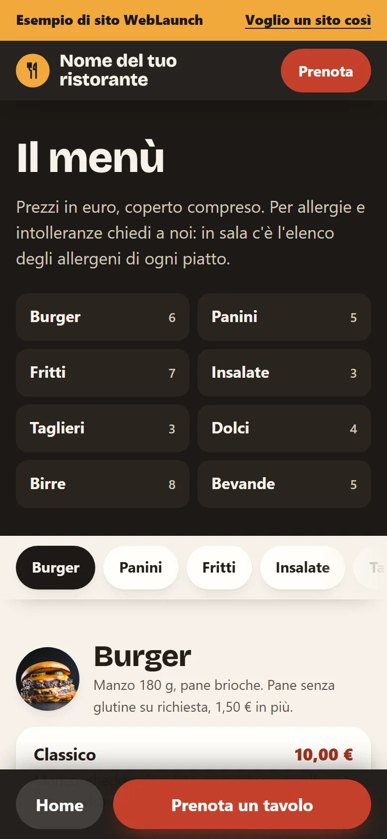 Schermata 2 del sito d'esempio per un ristorante
