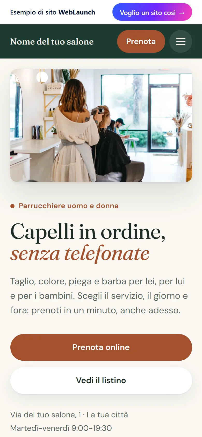 Esempio di sito web per parrucchiere