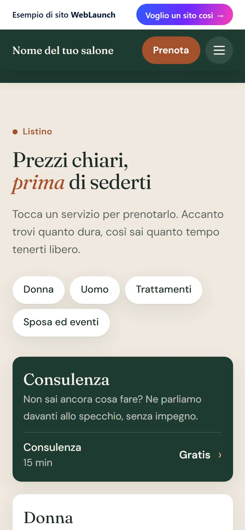 Schermata 2 del sito d'esempio per un parrucchiere